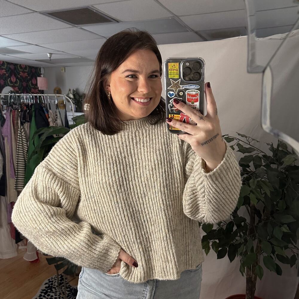 Topshop Pullover Rib Knit Long Sleeve Cropped Sweater Beige S/M